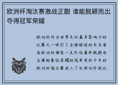 欧洲杯淘汰赛激战正酣 谁能脱颖而出夺得冠军荣耀
